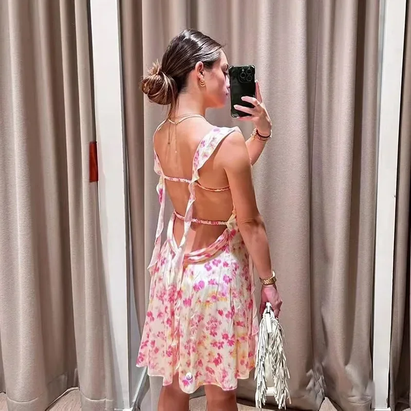 

Women's Floral Print Sling Dress Lace-up Backless Square Collar Sleeveless Ruffles Spliced Pleated Holiday Summer 2024 Mini Robe