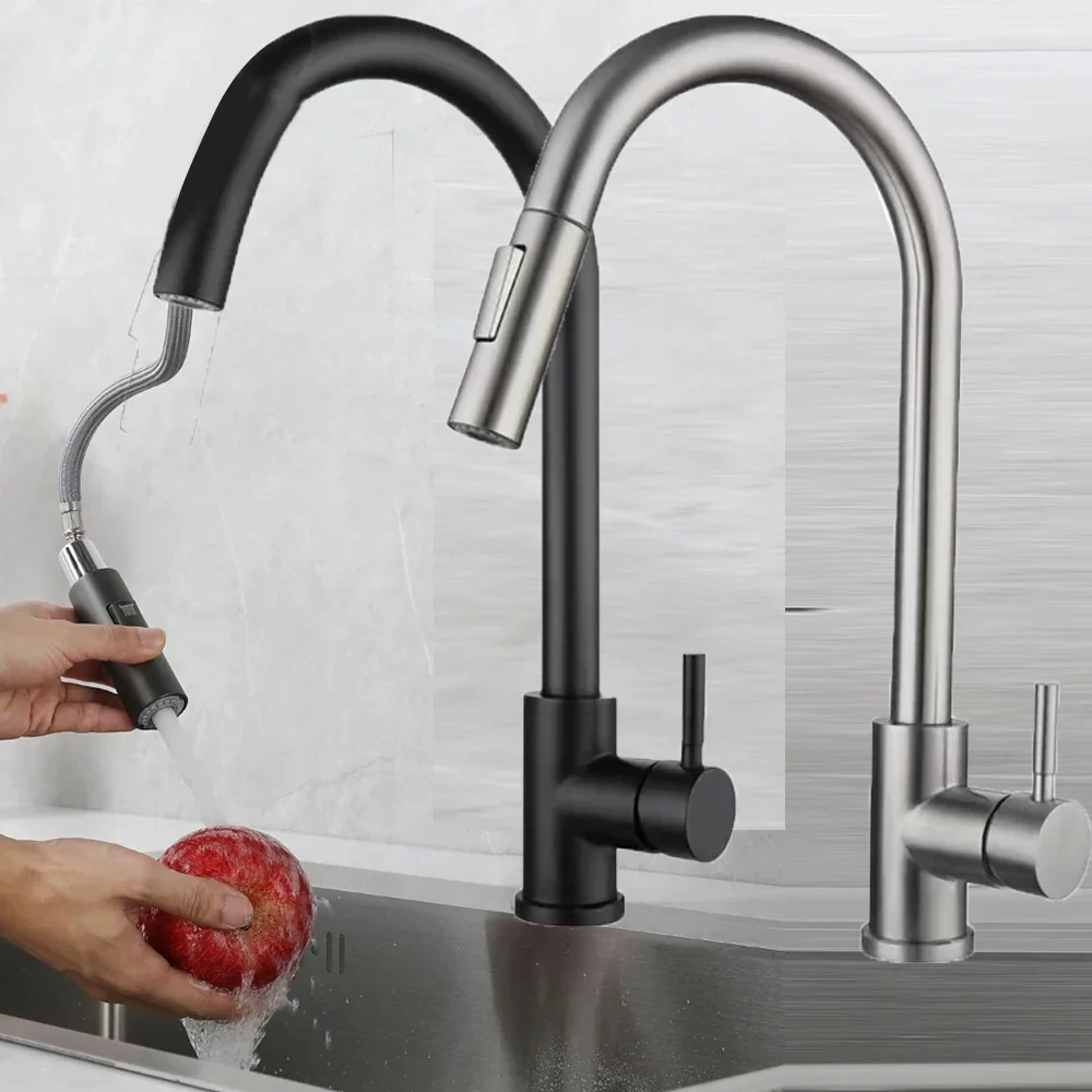 YXS Kitchen Faucet Single Hole Pull Out Spout Kitchen Sink Mixer Tap Stream Sprayer Head Chrome/Black Mixer Tap