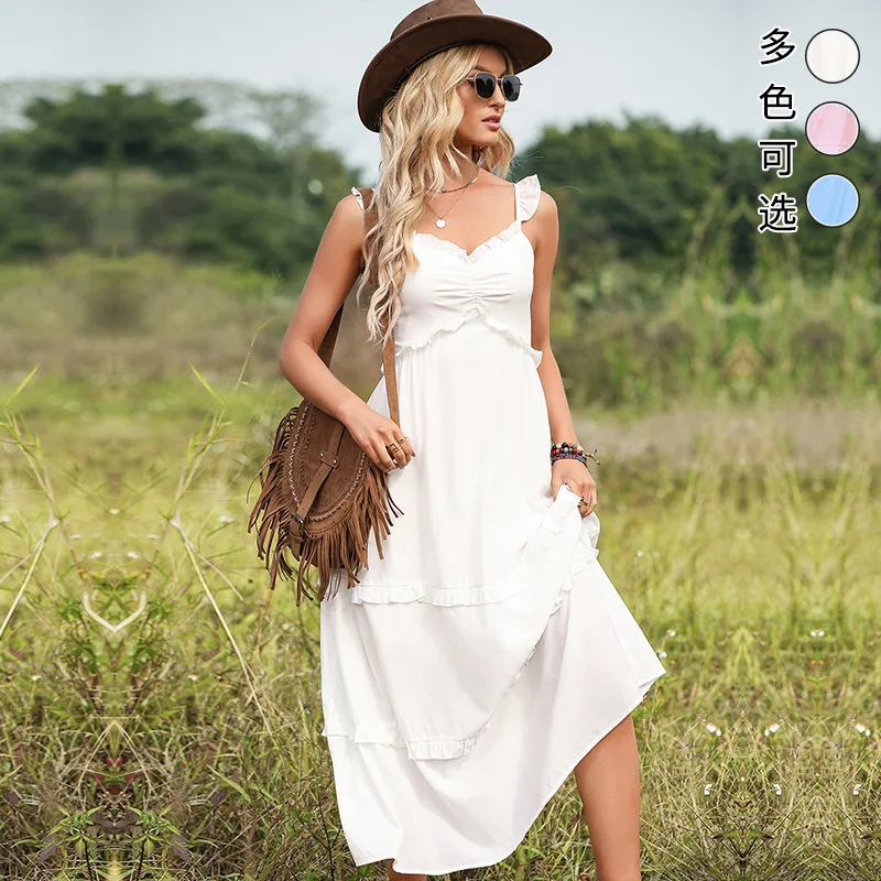 

Fashion Summer Women Dress Sleeveless V-neck Spaghetti Strap Flying Sleeve Edible Tree Fungus A Ling Long Dresses