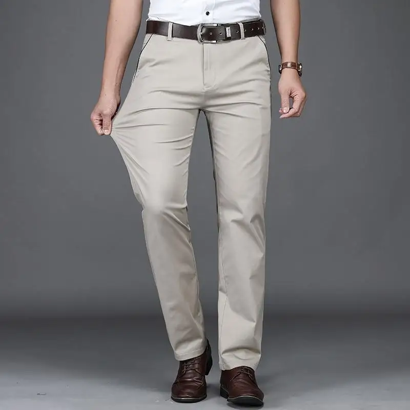 Plus Size 28-42 Men Pants Spring Summer Autumn Casual Cotton Slim Straight Long Business Suit Pants Chinos Slacks Black