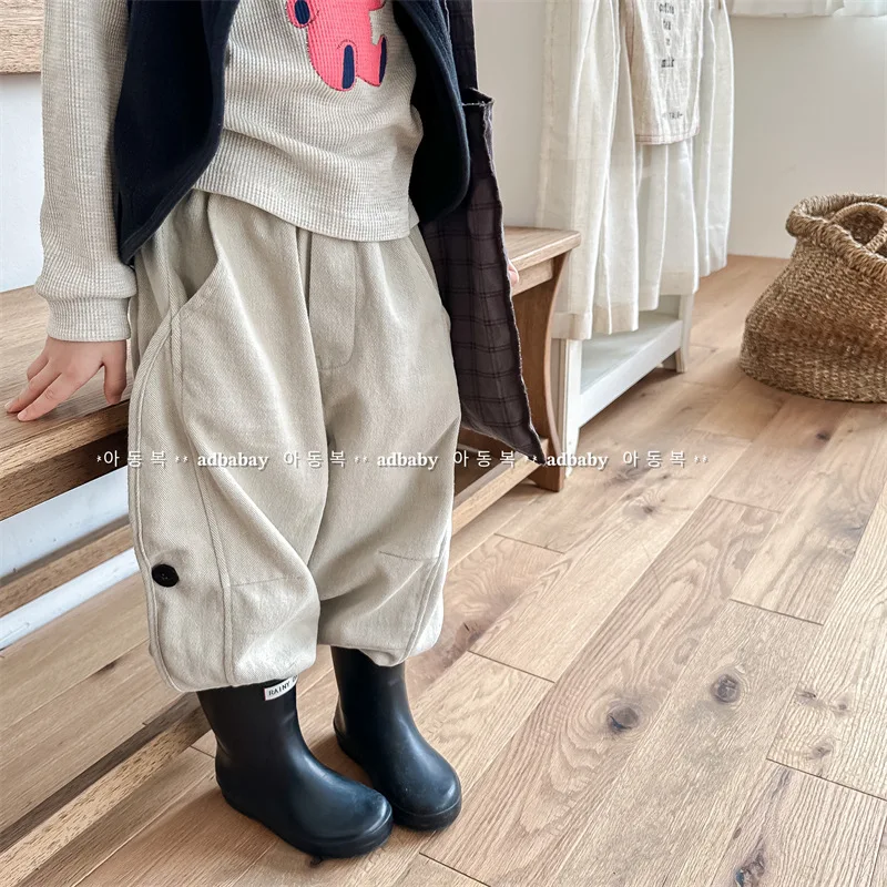 

Children Solid Color Casual Pants 2023 Spring Autumn Korean Style Washed Cotton Boys and Girls Full Length Haren Pants