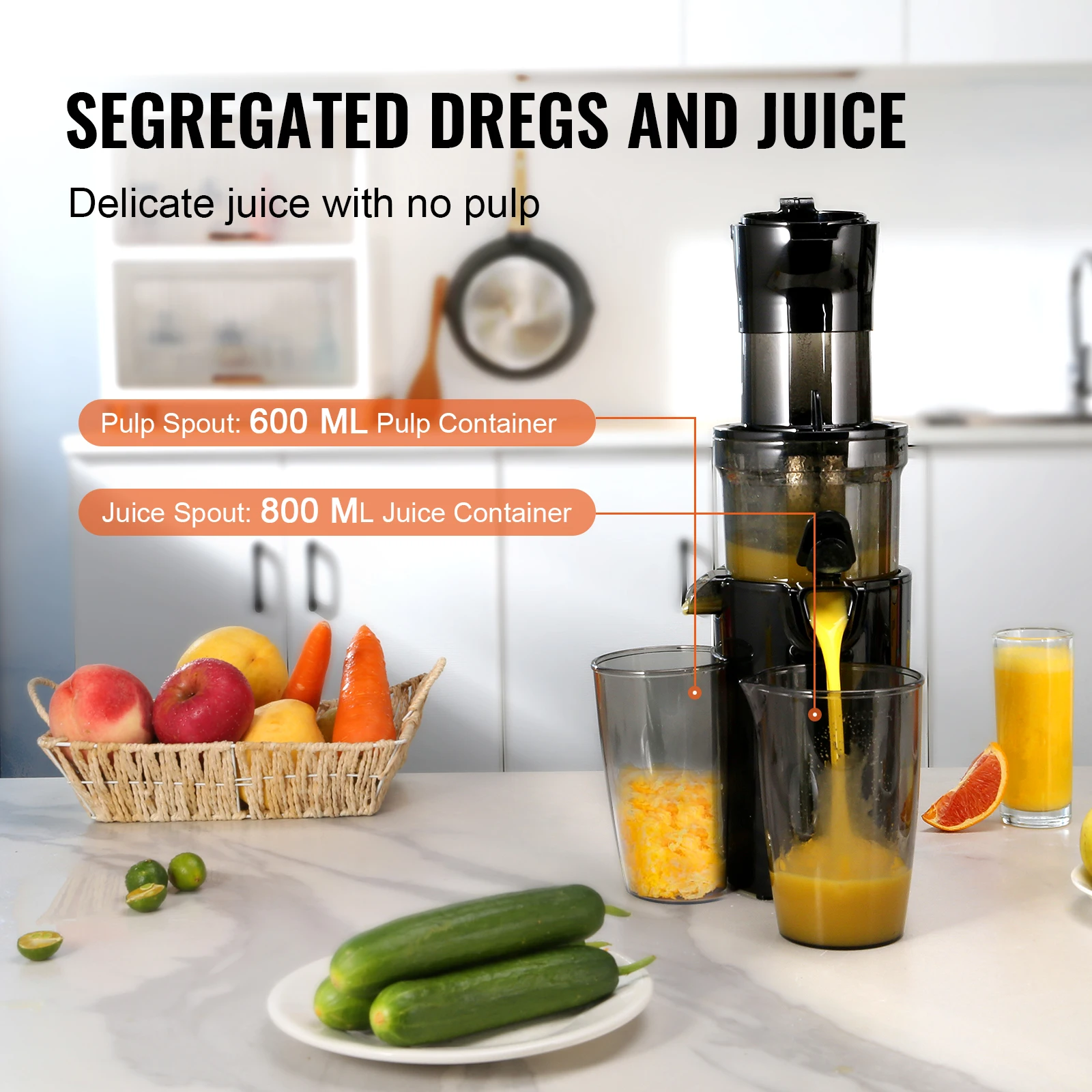 VEVOR Masticating Juicer Cold Press Juicer Machine 2.6" Large Feed Chute Slow Juicer Juice Extractor Maker with High Juice Yield 3