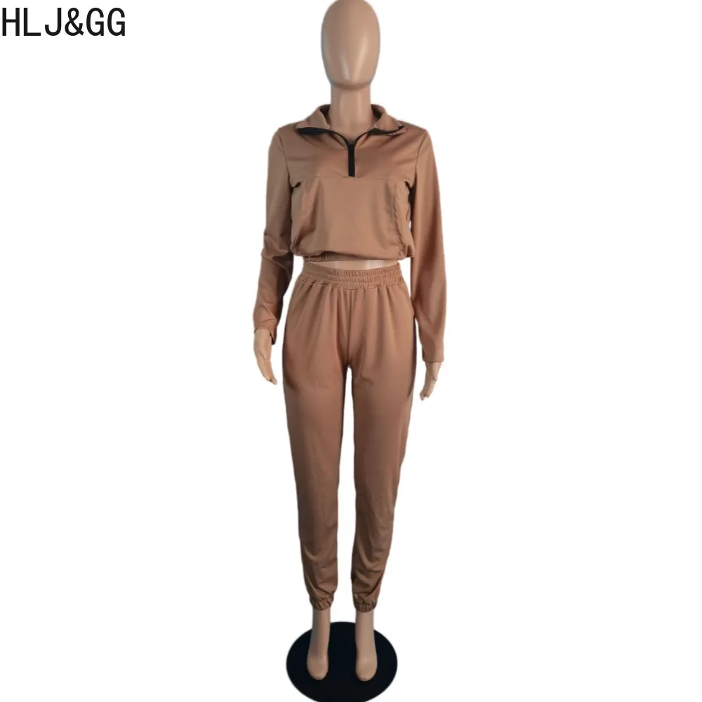 HLJ&GG Autumn Winter Zipper Sporty Two Piece Sets Women V Neck Long Sleeve Top And Jogger Pants Tracksuits Casual 2pcs Outfits