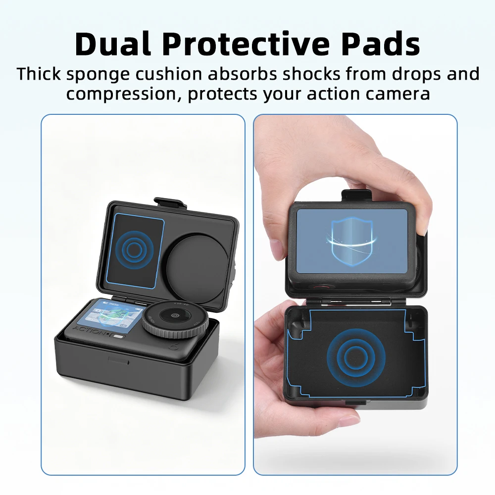 Étui de transport rigide pour DJI Action 3/4/5 Pro/6 posé à côté d'une caméra, avec accessoires rangés dans le compartiment.