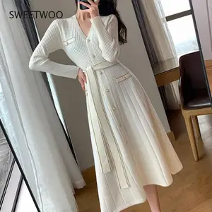 Autumn Winter V-Neck Women Knitted A-Line Dress Full Sleeve Single-Breasted Lace-Up Female Sweater Dress Vestidos Contracted2022