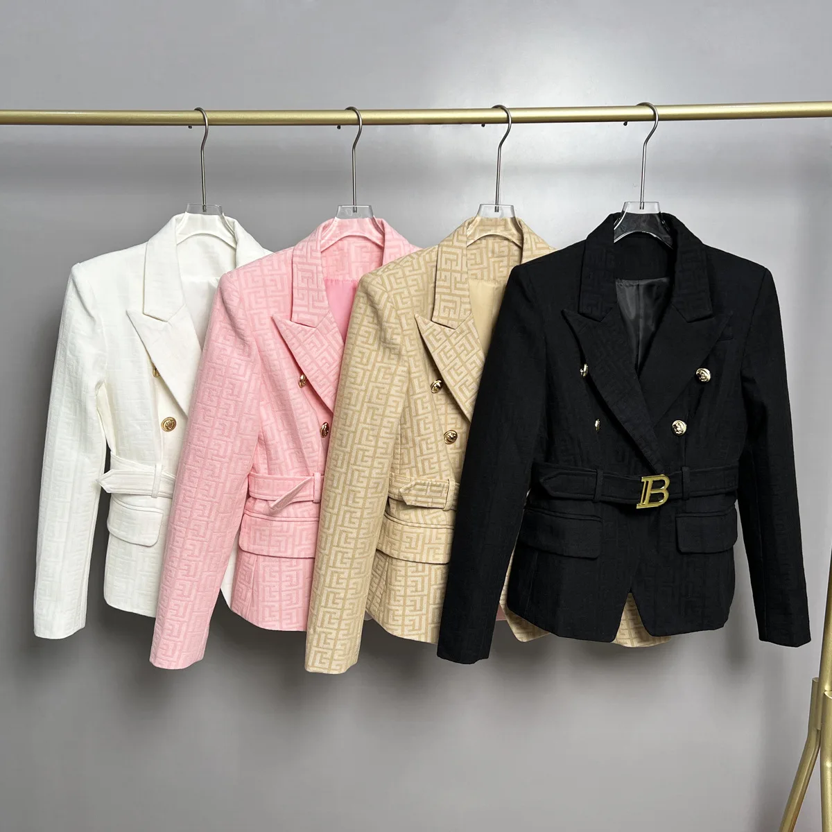 Chic Women Jacket 2023 New in White Black Pink Nude Texture Blazer with Belt Elegant Ladies Business Work Wear Formal Blazers
