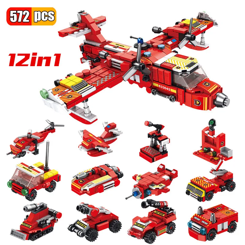 

572Pcs 12 in1 Fire Fighting Rescue Aircraft Deformation Plane Car Helicopter Building Blocks City Firefighter Figures Bricks Toy