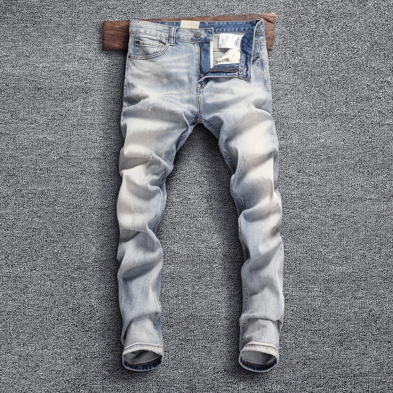 Newly Designer Fashion Men Jeans Retro Light Blue Elastic Slim Fit Ripped Jeans Men Stretch Trousers Vintage Denim Pants Hombre