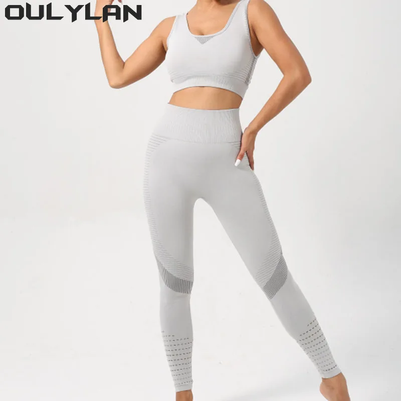 

Топы Oulylan, 2 шт., нейлоновые спортивные костюмы, женский сексуальный комплект для йоги, спортивный костюм, спортивный костюм, бюстгальтер для фитнеса, леггинсы, женская одежда для отдыха, кроп