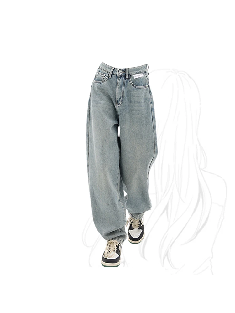 

Women's Vintage Straight Blue Jeans Y2k Streetwear Baggy Casual Oversized Denim Wide Leg Pants Tide Ladies Long Trousers Summer