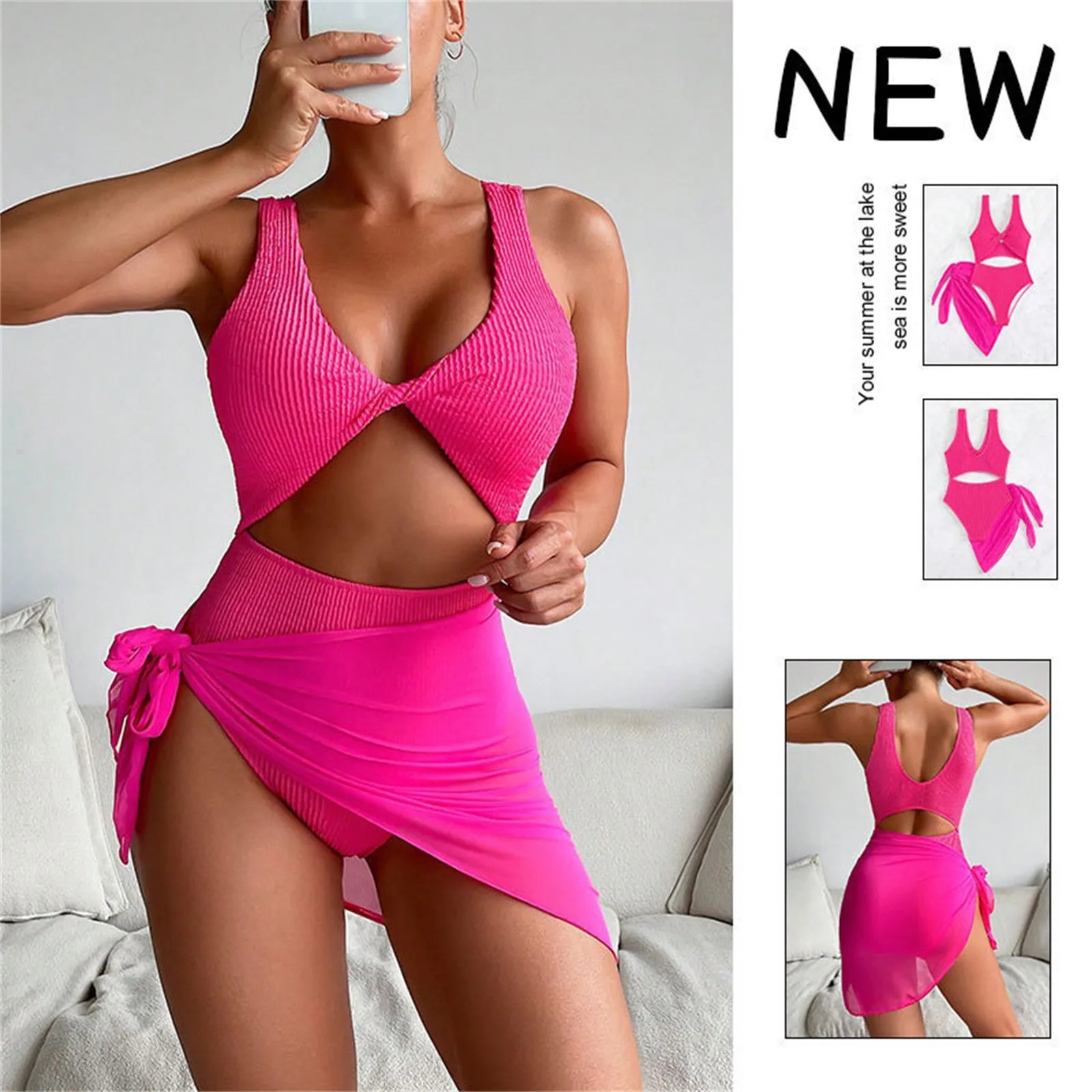 Women's High Waist Bikini Rose Solid Color Low Neck Bandage Swimsuits for Women Swim Suits with Shorts Swim Shorts Girls Long