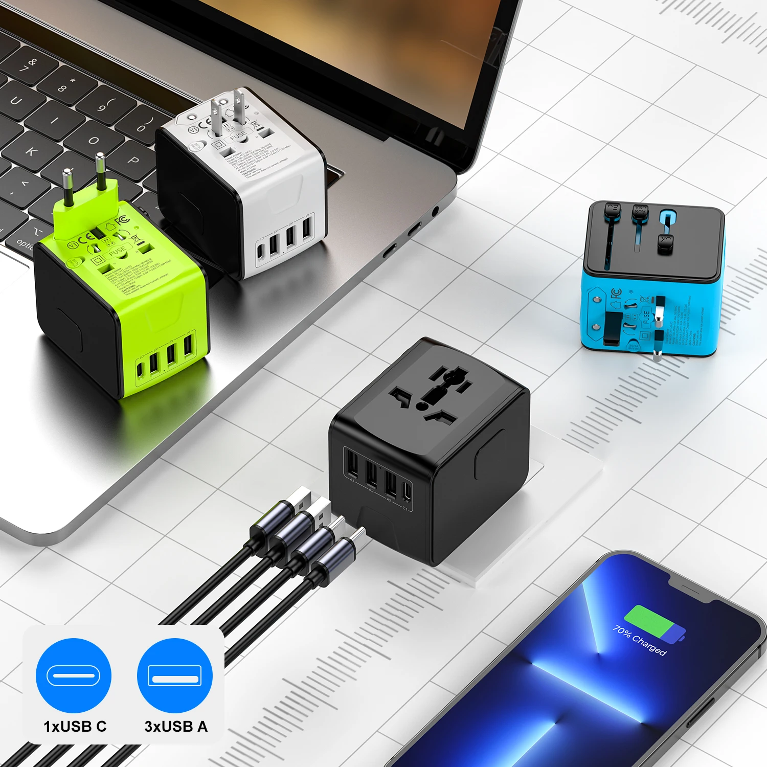 Global Multi-Device Fast Charging Travel Adapter with 4 USB Ports