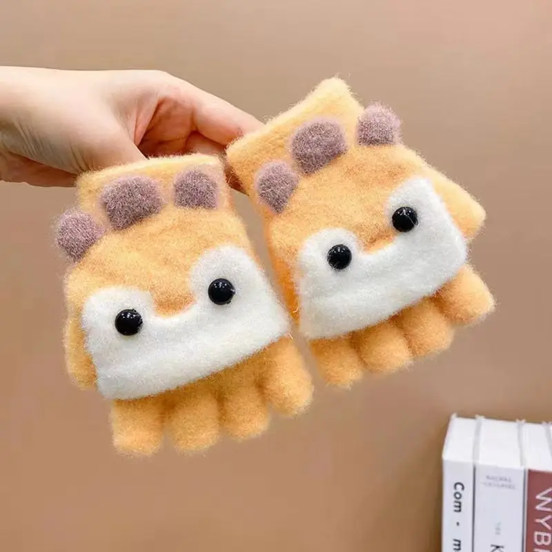 Kids Cartoon Flip Gloves Winter Thick Warm Boy Girl Half Finger Mittens Outdoor Windproof Children Writing Five Finger Gloves winter gloves ski gloves baby mittens leather gloves paw patrol gloves anti scratching gloves cat gloves halloween gloves children dance gloves girls satin gloves