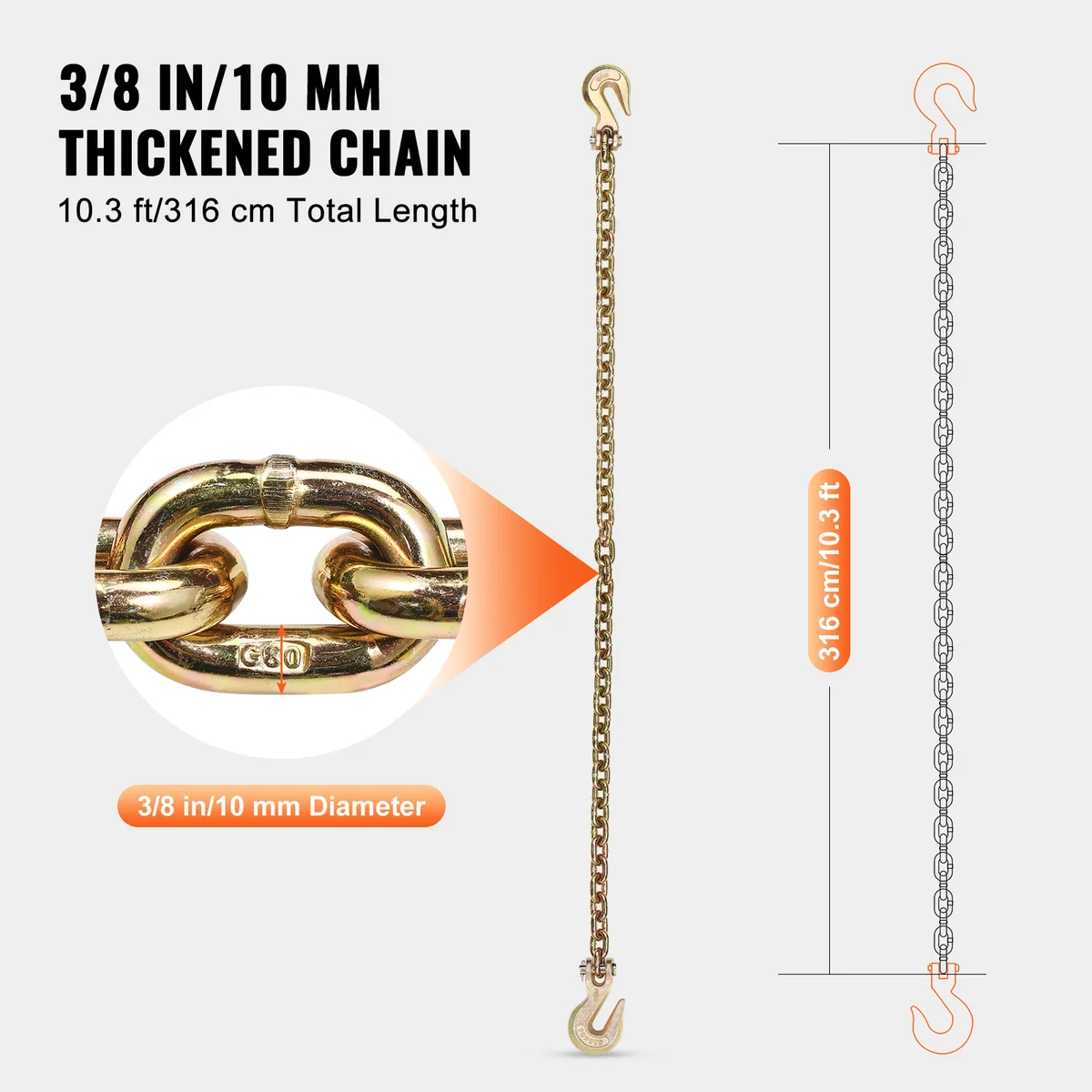 SucceBuy 10/14ft G80 Transport Binder Chain 3/8" 5/16" Tow Chain with Clevis Grab Hooks Trailer Logging Chain for Towing Truck — view 4