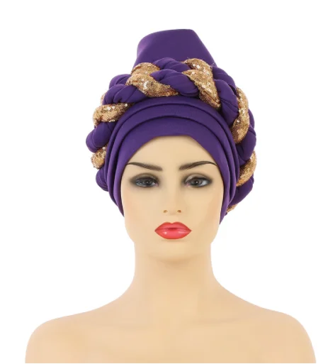 Turbans for Women Pleated Beanie Headwrap African Hat Arab Wrap Muslim Scarf Hijabs Hair Aso Oke Auto Gele Readymade to Wear Grass Purple