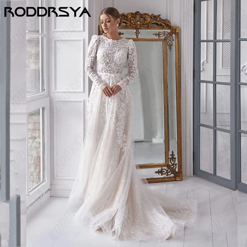 RODDRSYA Trouwjurk Romântico O-Neck Vestidos De Casamento Para As Mulheres Elegante Tule Manga Longa Nupcial Festa Ilusão Rendas Voltar A linha
