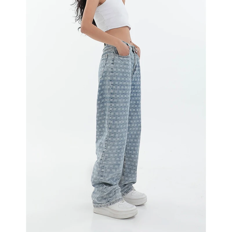 

Women's Vintage Blue Plaid Jeans Casual High Waist Baggy Wide Leg Pants Fashion Straight Mopping Denim Trouser Ladies Summer