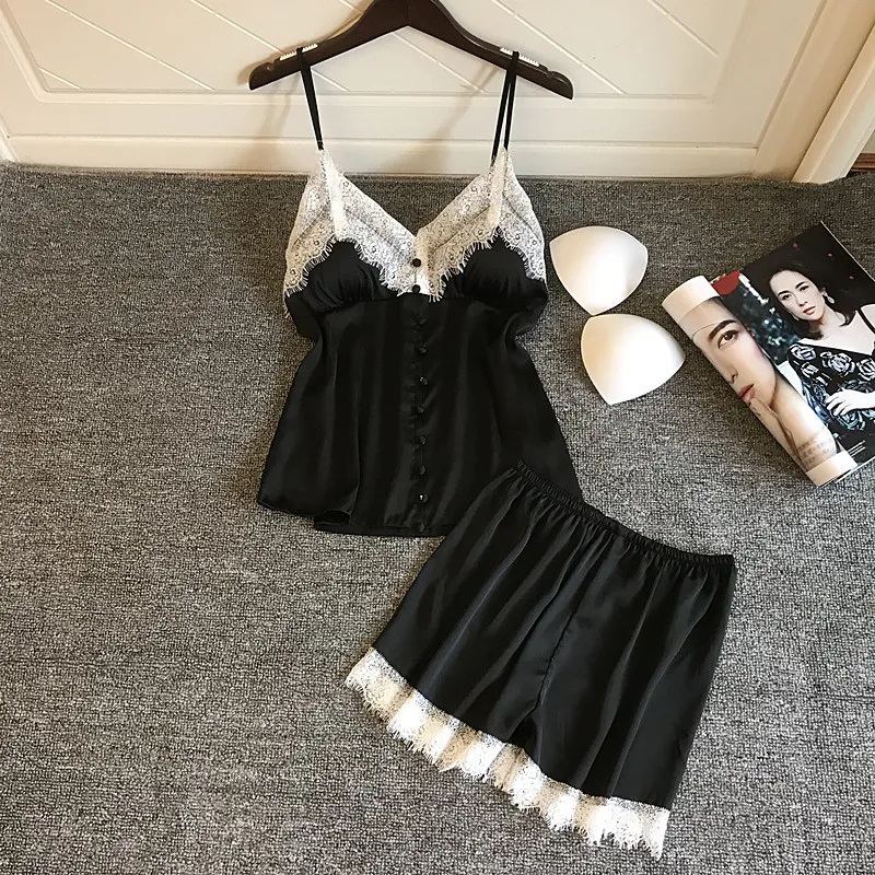 QWEEK Pajamas For Woman Pyjamas Summer Sexy Nightwear Two Piece Satin Set Suit Artificial Silk Home Lace Chest Pad