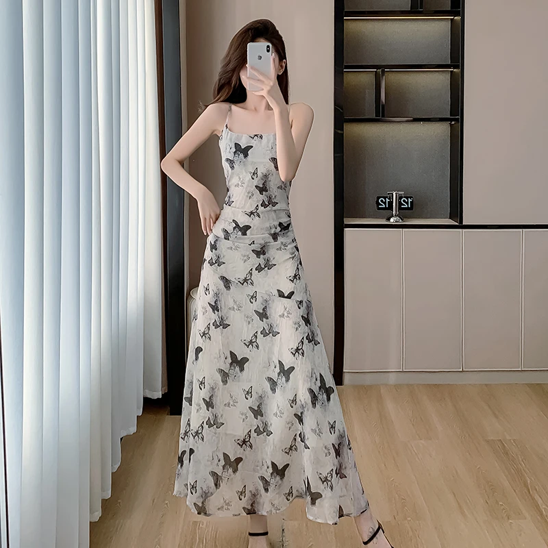 

2024 Summer New Cool Style Butterfly Printed Sling Dresses Women's Strapless Sleeveless Slim Fit Elegant Long Skirt