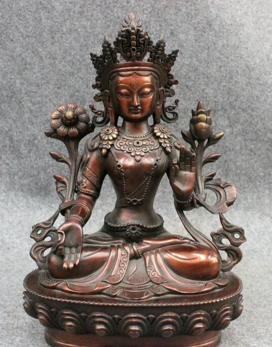 

12" Tibet Pure Bronze Temple 7 Eyes White Tara Buddha Kwan-yin Goddess Statue