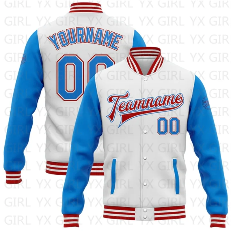 

Custom White Electric Blue-Red Bomber Full-Snap Varsity Letterman Two Tone Jacket