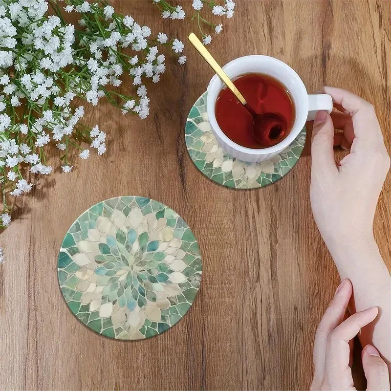2D Retro Green Leaf Pattern Wooden Cup Mat Anti-Slip Coffee Hot Drink Coaster Home Decor Table Protection Pad 3