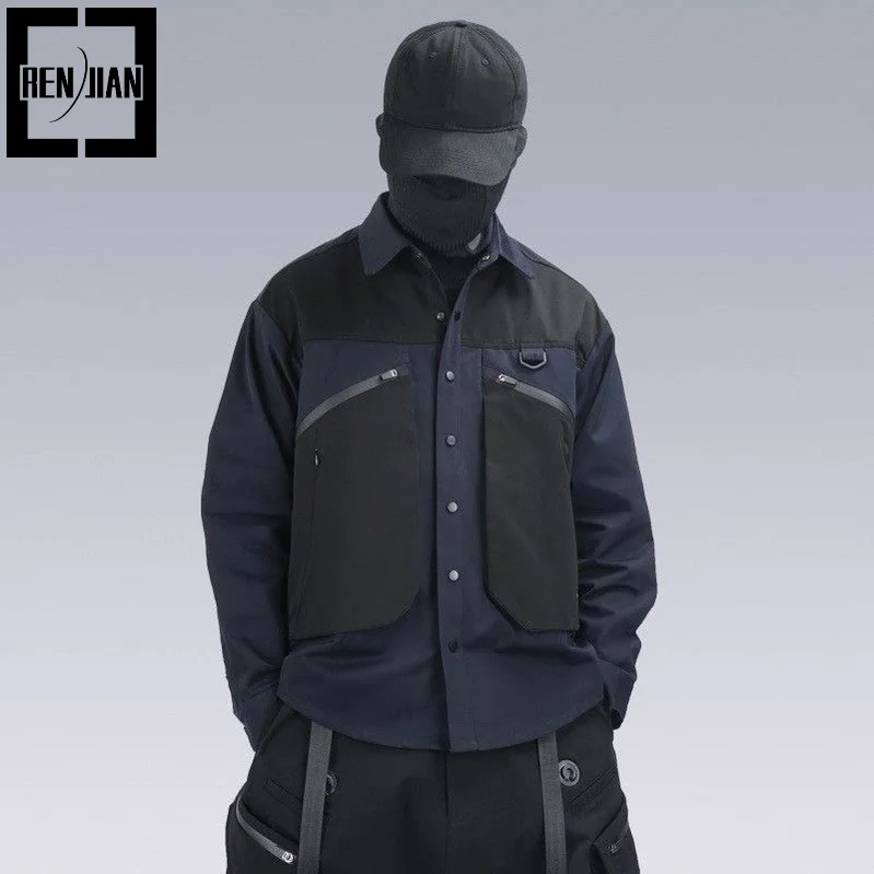 

Hi Street Techwear Shirts Long Sleeve Tooling Tops With Multi Pockets Cargo Workwear Outerwear Patchwork