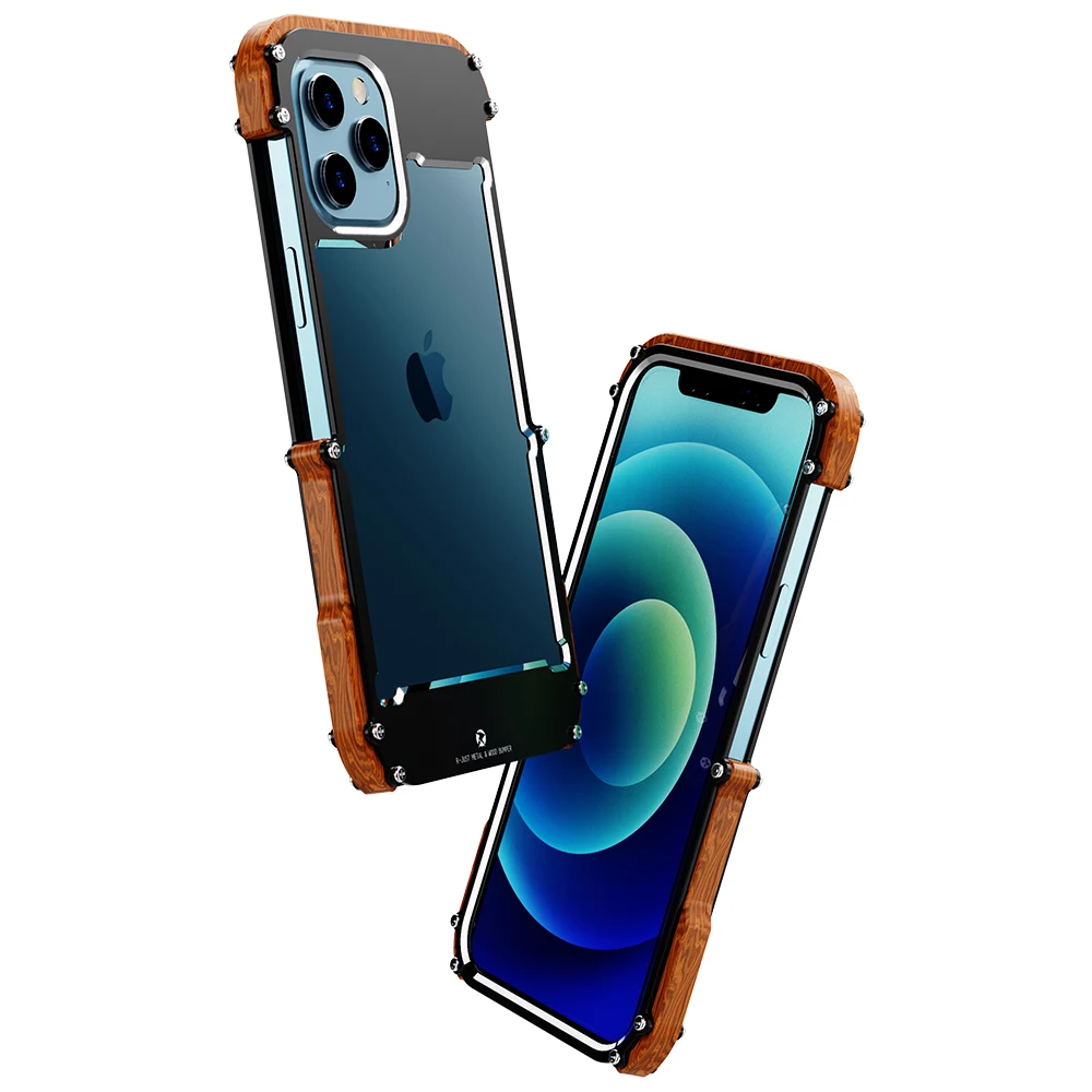 

R-just Cases For Iphone 12 Xr Luxury Hard Metal Aluminum Wood Protective Bumper Phone Case For Iphone 12 11 Pro Xs Max Cover