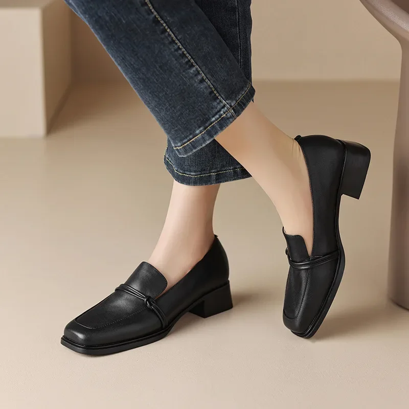 Classic Loafers Women Genuine Cow Leather Square Toe Pumps Slip-on Retro Lady Casual Cozy Shoes Handmade