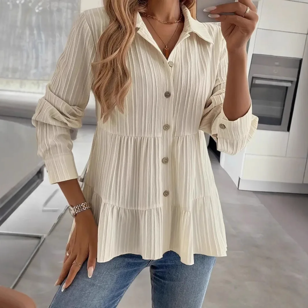 Women Long Sleeve Button Pleated Workwear Blouse