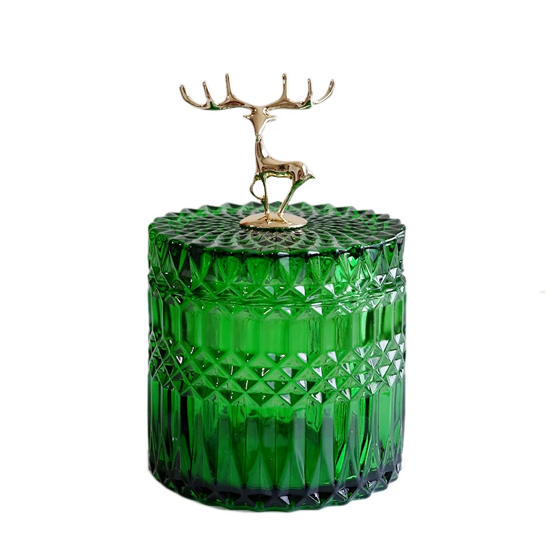 French Elk Glass Storage Jar Luxury Green Jewelry Cotton Swab Box Desktop Small Object Aromatherapy Candle Bottle Decor