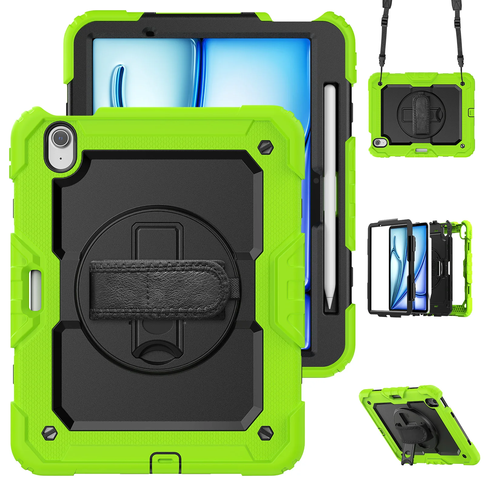 Shockproof Tablet Case with Screen Protector and 360° Rotating Hand Strap, Featuring Pencil Holder