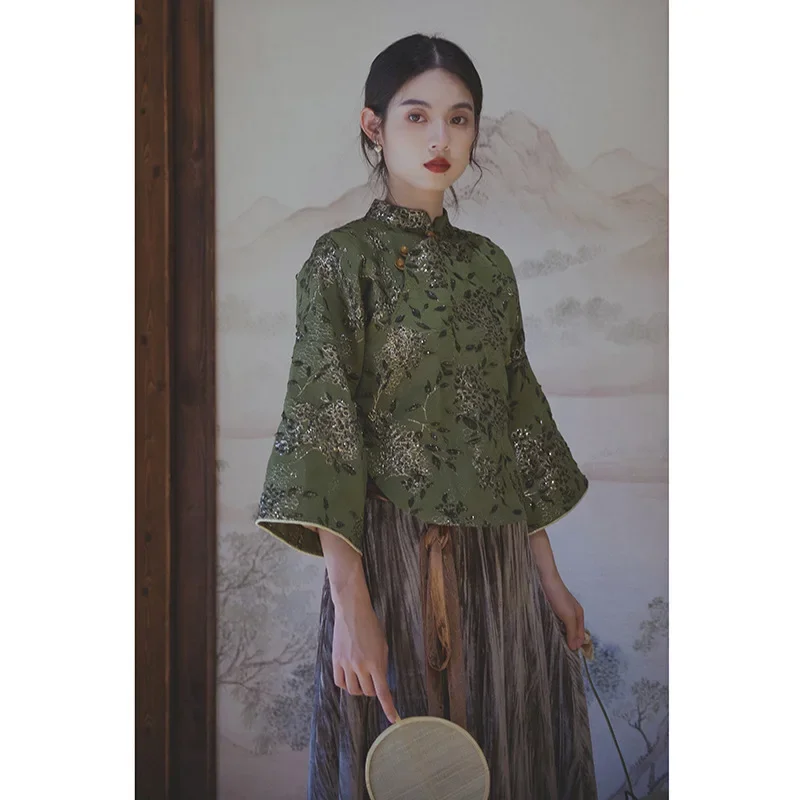 Spring Original Traditional Chinese Hanfu Tops Women Elegant Green Floral Embroidered Oblique Placket Buttoned Qipao Slim Blouse