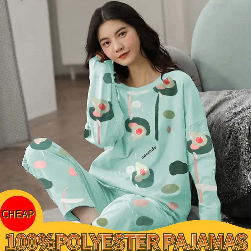 

Spring Autumn Womens Polyester Pajamas Polka Dots PJ Long-sleeved Home Service Women's Simple Loose Casual Suit Large Size 5XL