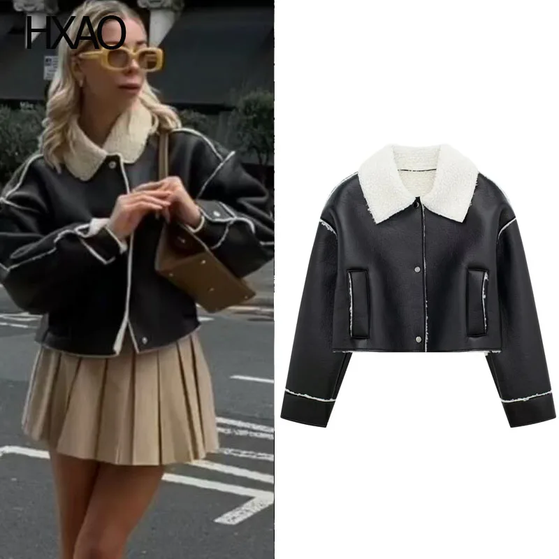 

HXAO Cropped Sheepskin Coat for Women Black Faux Leather Jackets Winter Warm Long Sleeve Crop Coats Fashion Outerwear Streetwear