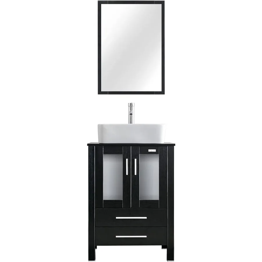 24" Modern Bathroom Vanities Sink Combo Black Stand Cabinet Wooden Pedestal with Soft Closing Glassed Doors Vanity Only 6