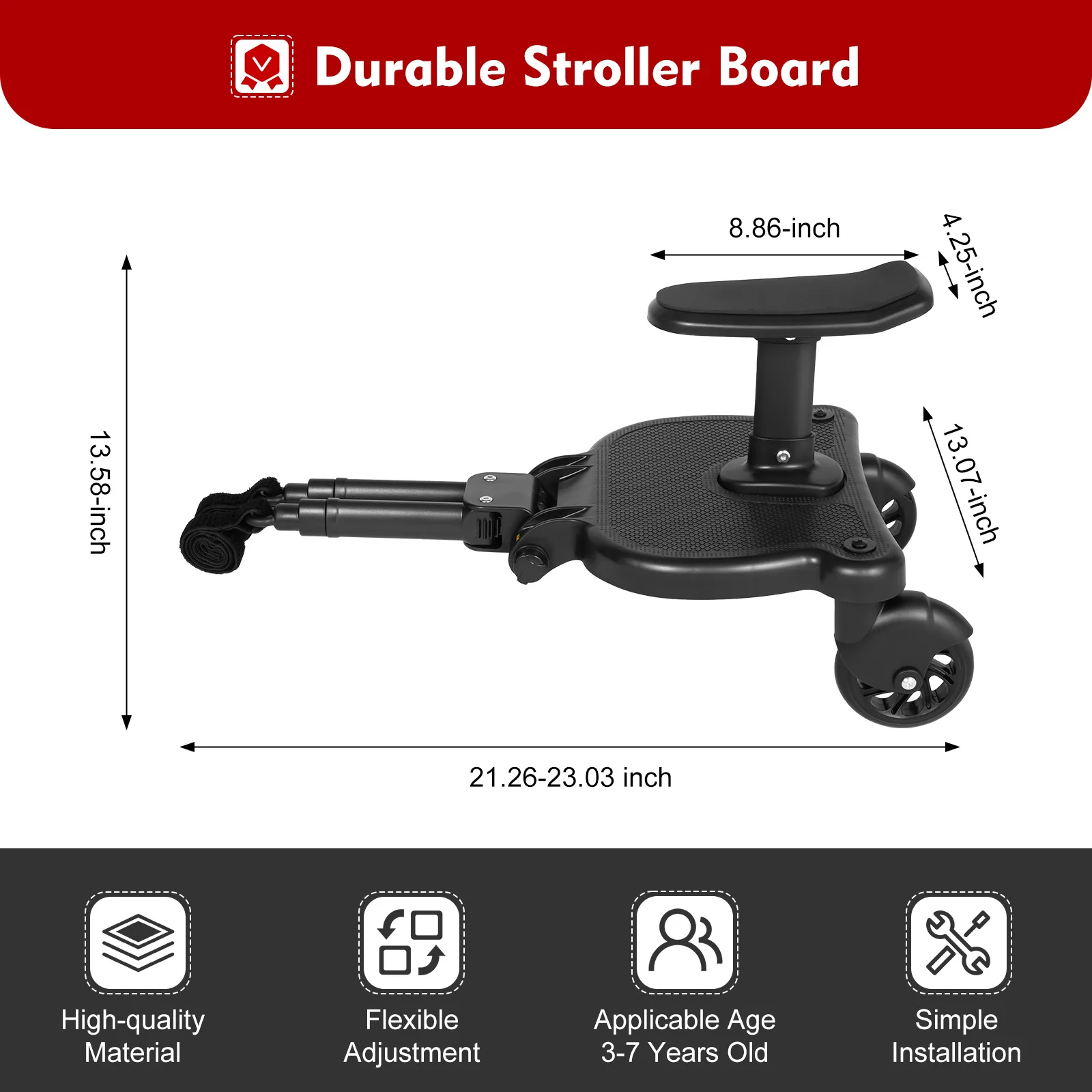 Strollers Step Board Adapter with Detachable Seat, 2 in 1 Baby Stroller Board for 3-7 Years Old, Twins Scooter Load 25kg