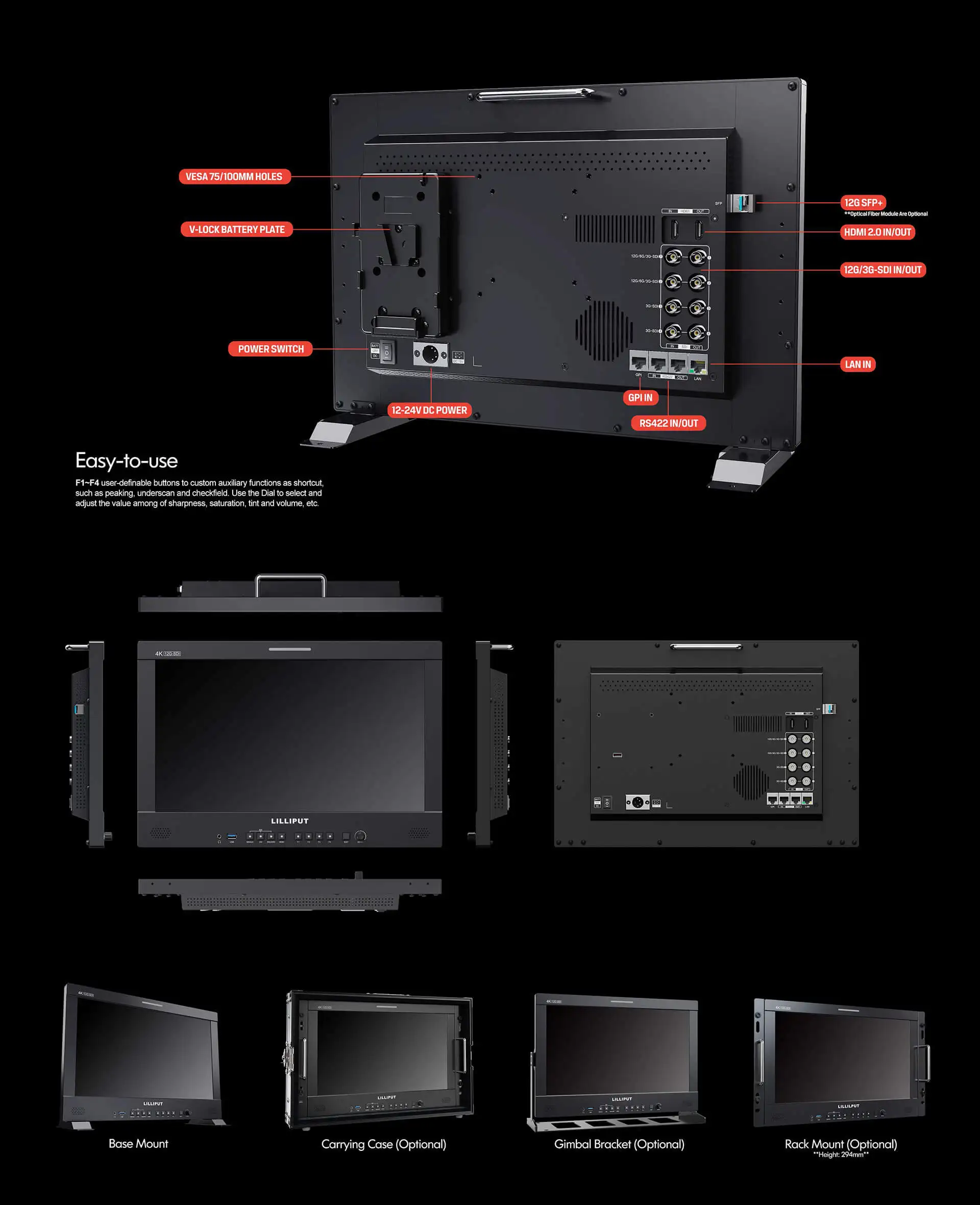 LILLIPUT Q18 17.3-inch 12G-SDI Professional Production Studio/Broadcast Monitor 3840 X 2160, 400nits Quad View, 3D-LUT, HDR