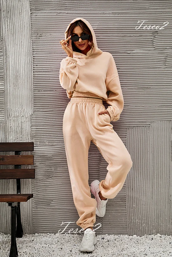 Tesco Women Tracksuit 2 Piece Autumn Solid Hoodies+Pants Casual Sets For Women Warm Sweatshirts Female Sports Suit Outfit