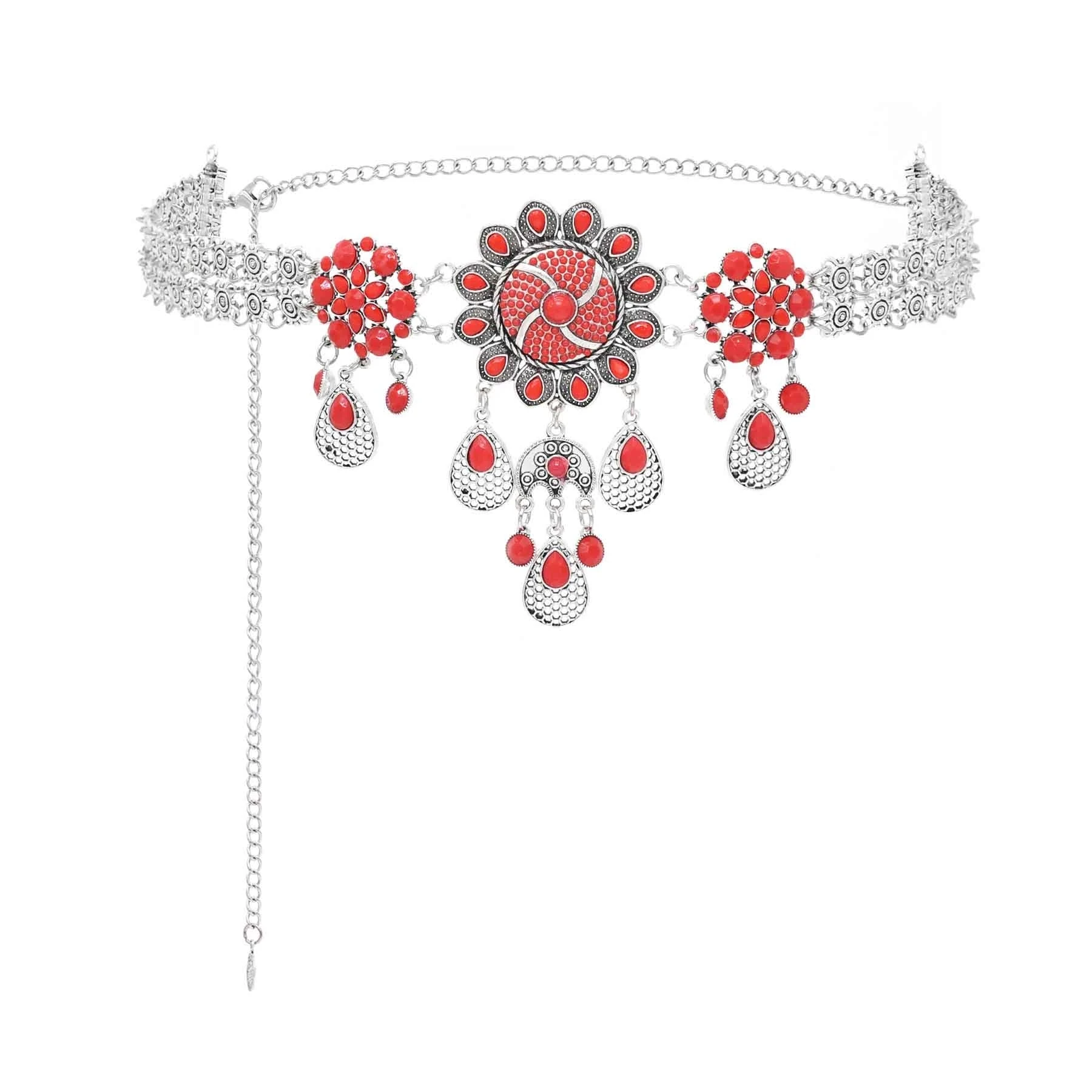 

Red Blue Acrylic Rhinestone Flower Waist Belly Chains Retro Silver Hollow Drip Tassel Metal Belt Boho Charm Female Body Jewelry