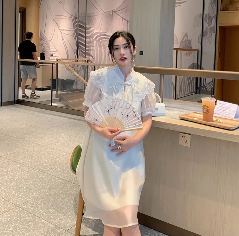 

Summer Short Sleeve Pregnant Women Qipao Dress White Sweet Maternity A-Line Dress Princess Party Dress Elegant Pregnancy Clothes