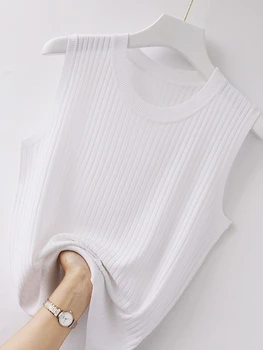 قميص قصير نسائي مريح بلون سادة لعام 2025، قميص صيفي محبوك أبيض قصير بدون أكمام 2