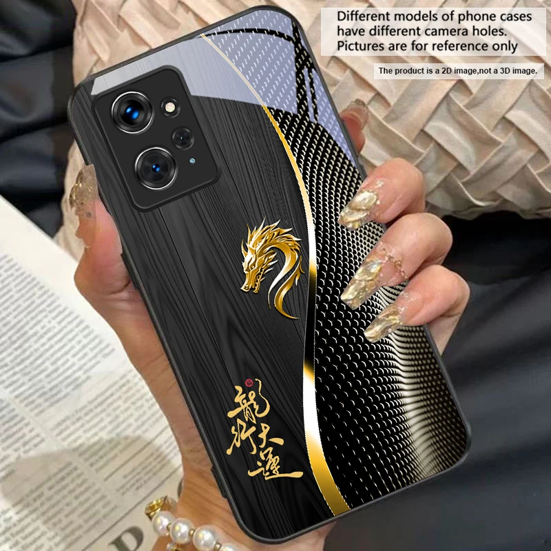 Elegant Black Tempered Glass Phone Case with Traditional Dragon Totem Design