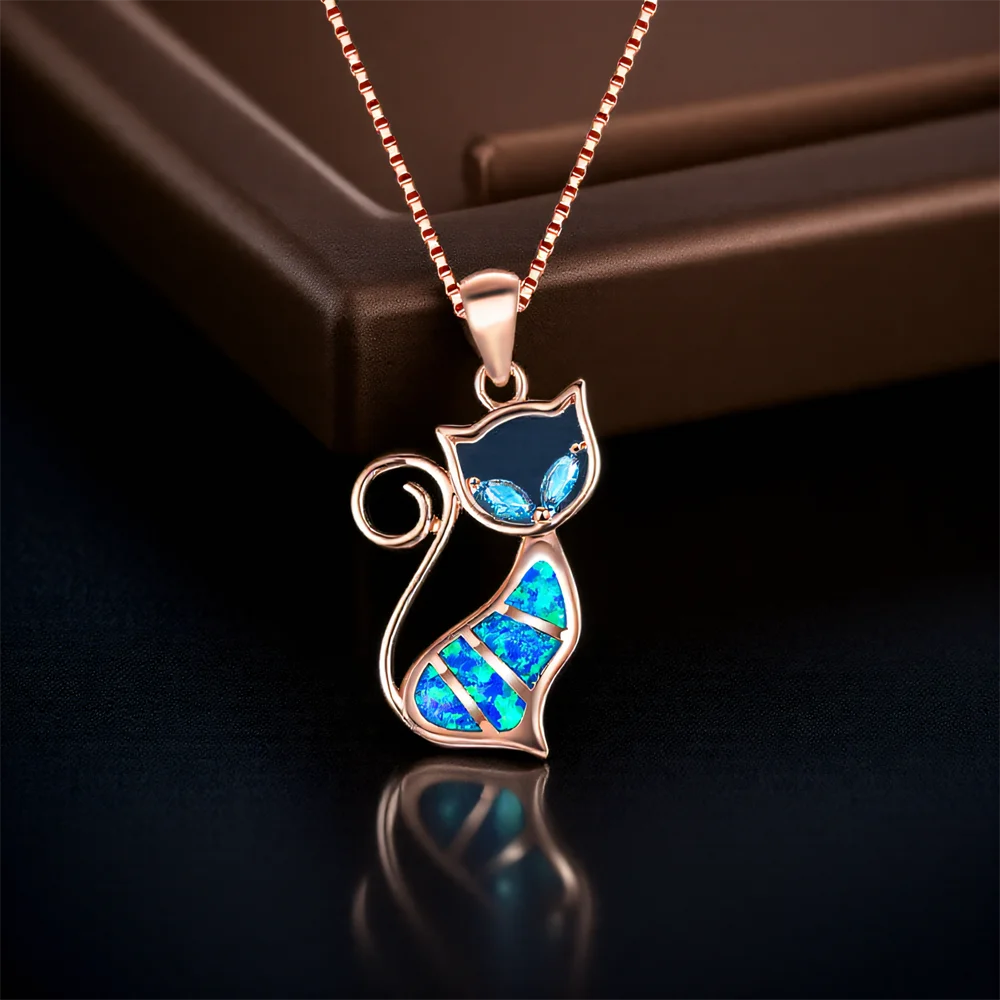 Cute Aqua Blue Small Cat Pendant Blue Opal Stone Necklaces For Women Vintage Rose Gold Color Box Chains Necklace Wedding Jewelry
