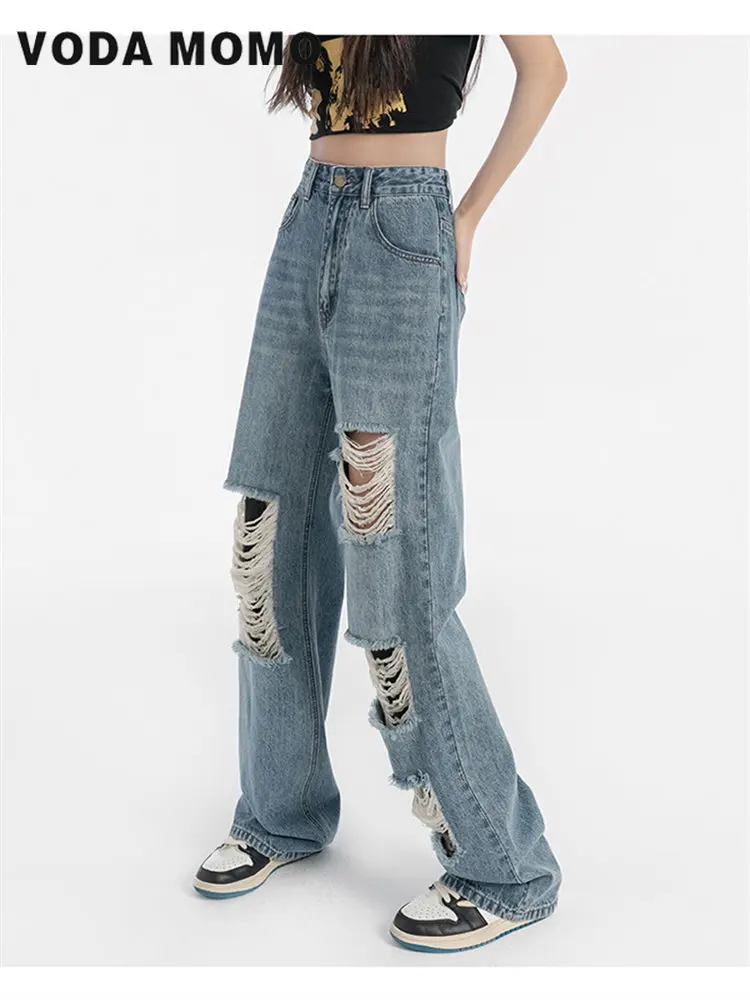 

2022 New Korean stytle Fashion High Waist Holes Jeans New Ripped Vintage Loose HarajukuJoggers Hip-pop Trend Streetwear jeans