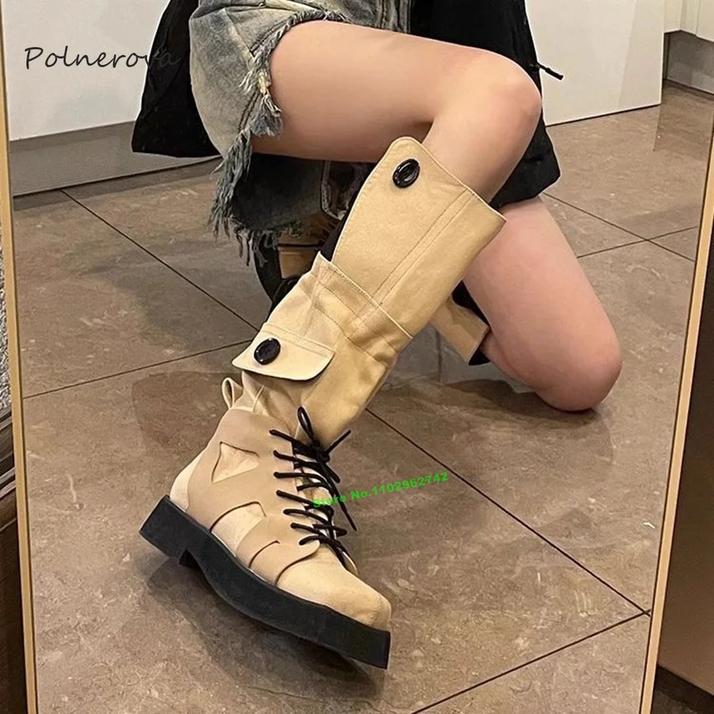 

Newest Button Mid-Calf Boots Chunky Heel Thick Sole Boots Fashion Runway Hiking Shoes for Women 2023 Autumn Winter Leisure Sexy