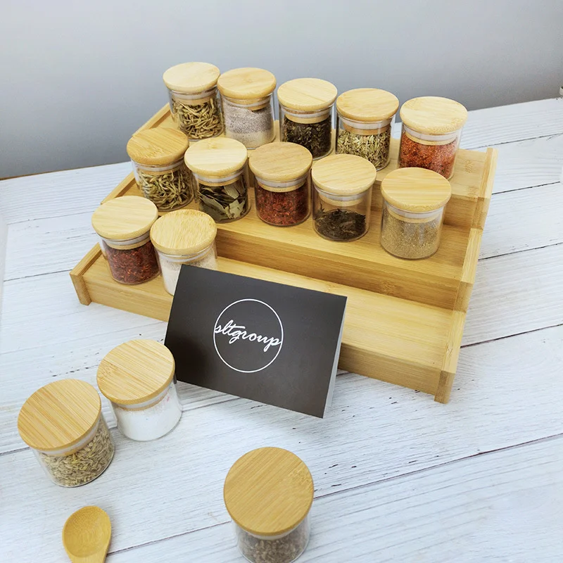 Kitchen Caster Storage Racks Three-layer Ladder Bamboo Seasoning Rack Spice Jar Holders 4