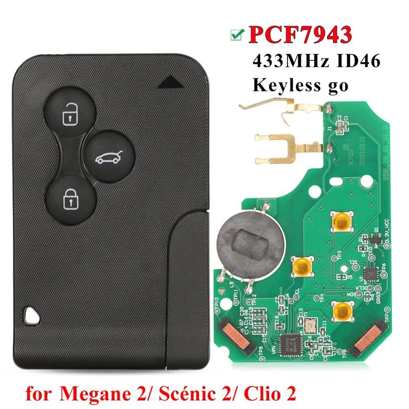 

Key Card Car Key Smart Card For Renault Megane Car Smart 3 Buttons FOB BCM Keyless Go Hands Free 433Mhz ID46 PCF7943