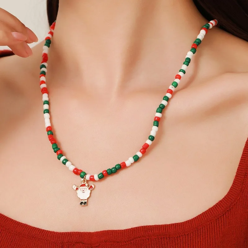 Christmas Necklaces for Women Girls Handmade Rice Beads X'mas Tree Santa Claus Snowman Pendant Chains New Year Jewelry Gifts