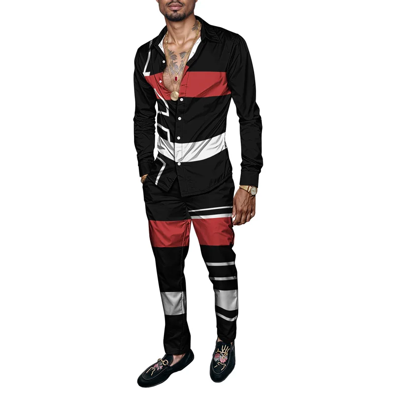 2025 Trendy Men Shirt Set Geometry Print Summer Fashion Simple Two Piece Set Mens Gradient Lightweight Party Long Sleeves Suit_voghion.com